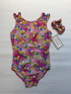 NWT Size 5 / 6 Destira Pink Polka Dot Metallic Gymnastics Leotard w/ Scrunchie